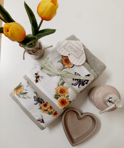 Coppia asciugamano+ospite girasoli - salvia