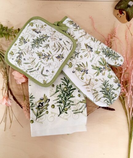 "Olive" Set guanto, presina e asciugapiatti
