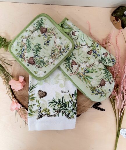 "Olive" Set guanto, presina e asciugapiatti con cuore