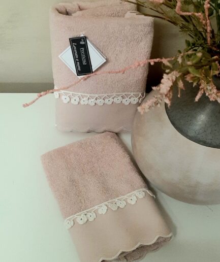 Set asciugamano + ospite ricamo crochet rosa-Preziosa