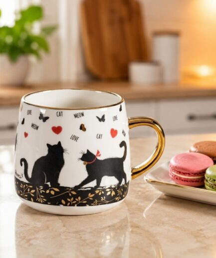 Tazza "Cat" gatti e scritte, manico dorato