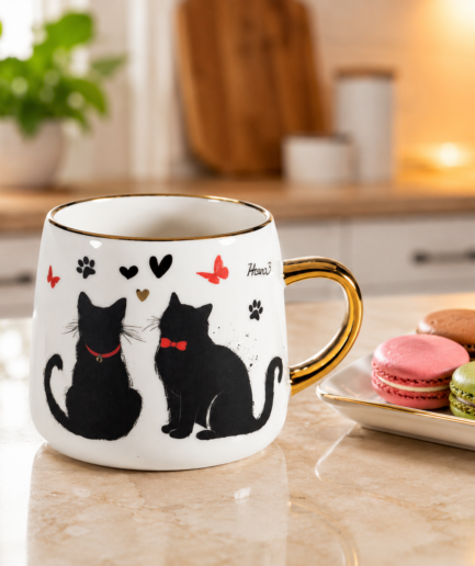 Tazza "Cat" coppia gatti, manico dorato