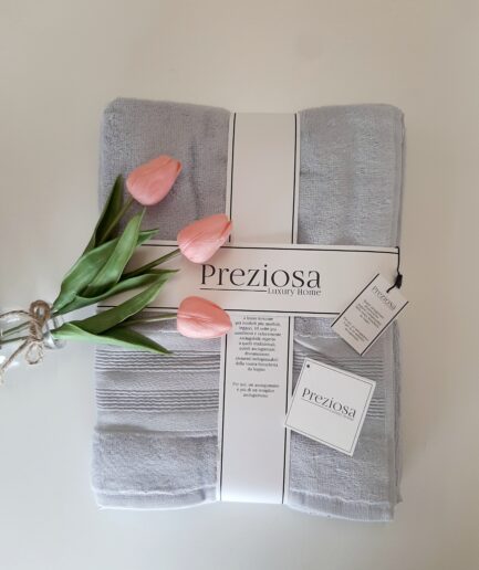 Set asciugamano + ospite ricamo celeste/grigio-Preziosa