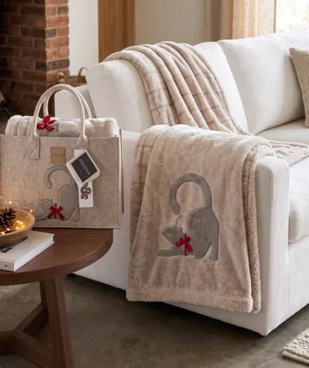 Plaid in borsa pile con gatto beige
